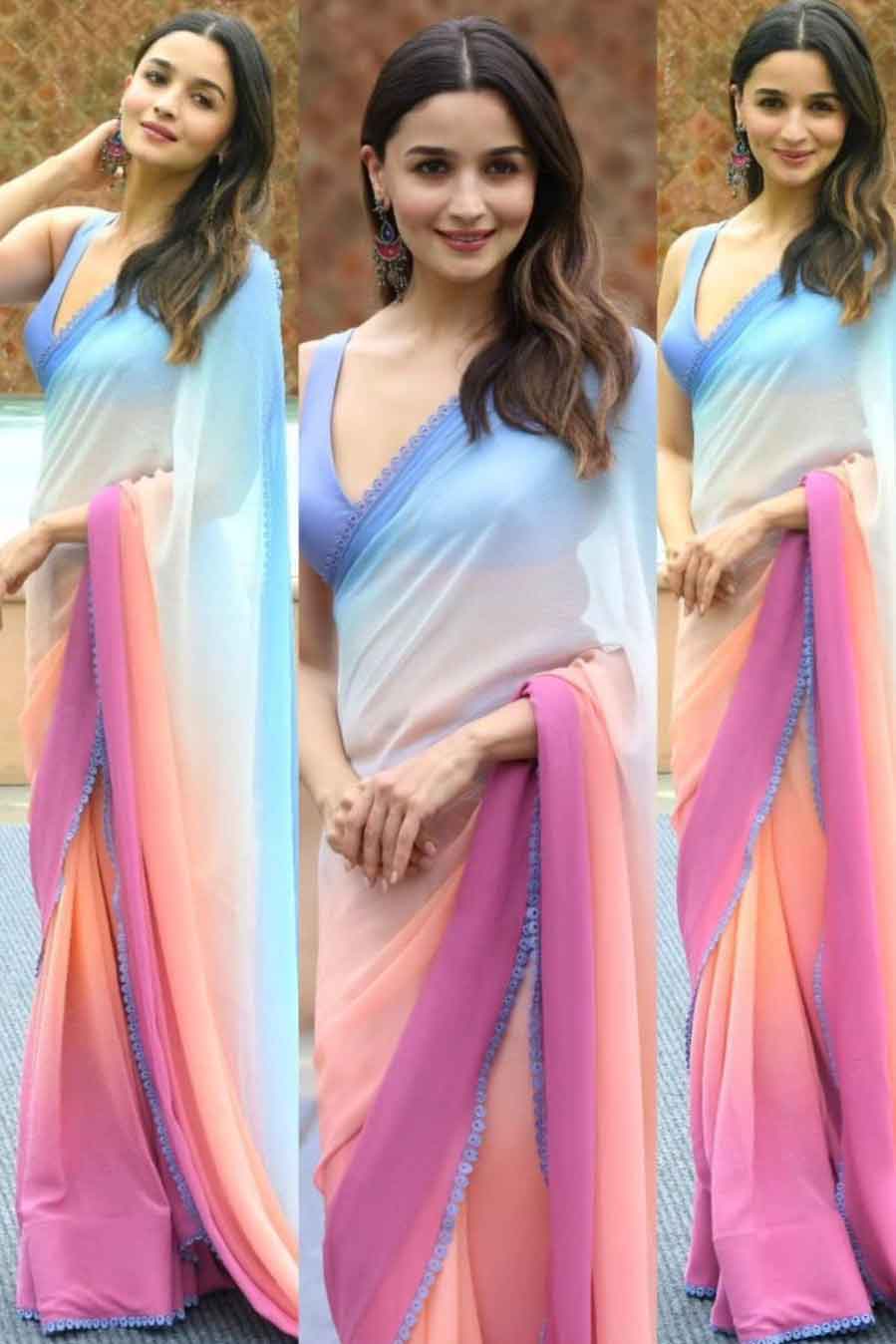 Explore our latest collection of hand-dyed chiffon sarees, inspired by Bollywood actress Alia Bhatt. These fancy, elegant sarees feature the most popular ombre-dyed and tie-and-dye designs. Discover the latest trends in sarees for 2023, showcasing the beautiful and unique work of designer Manish Malhotra.