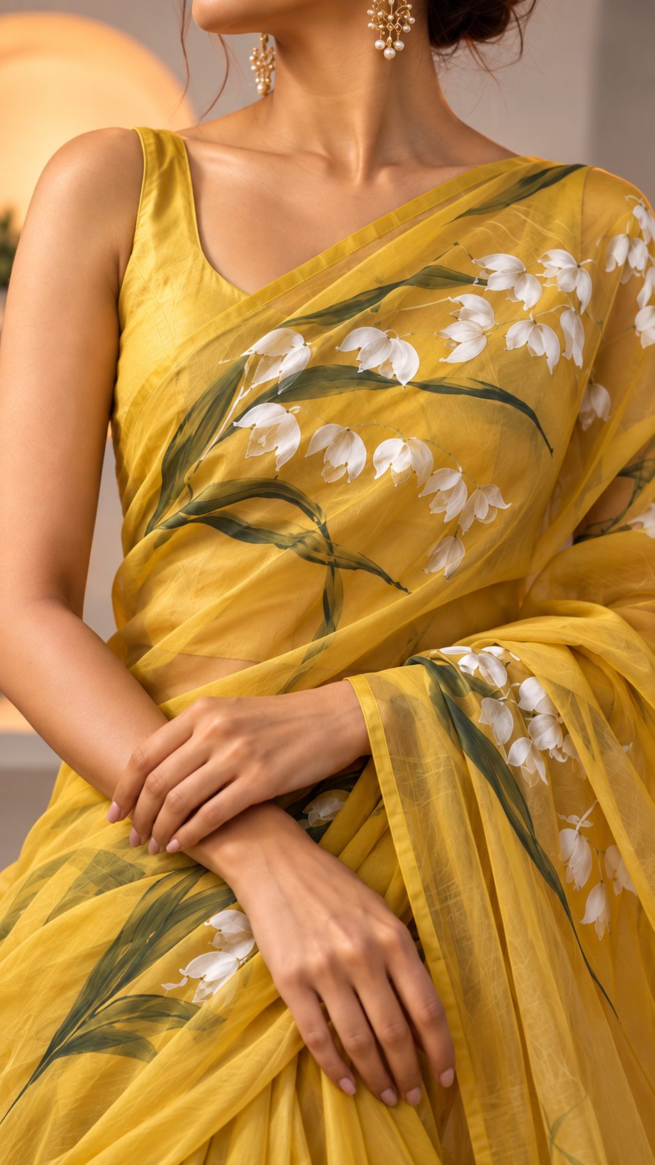 Bell Flower Hand-Painted Pure Silk Organza Saree
