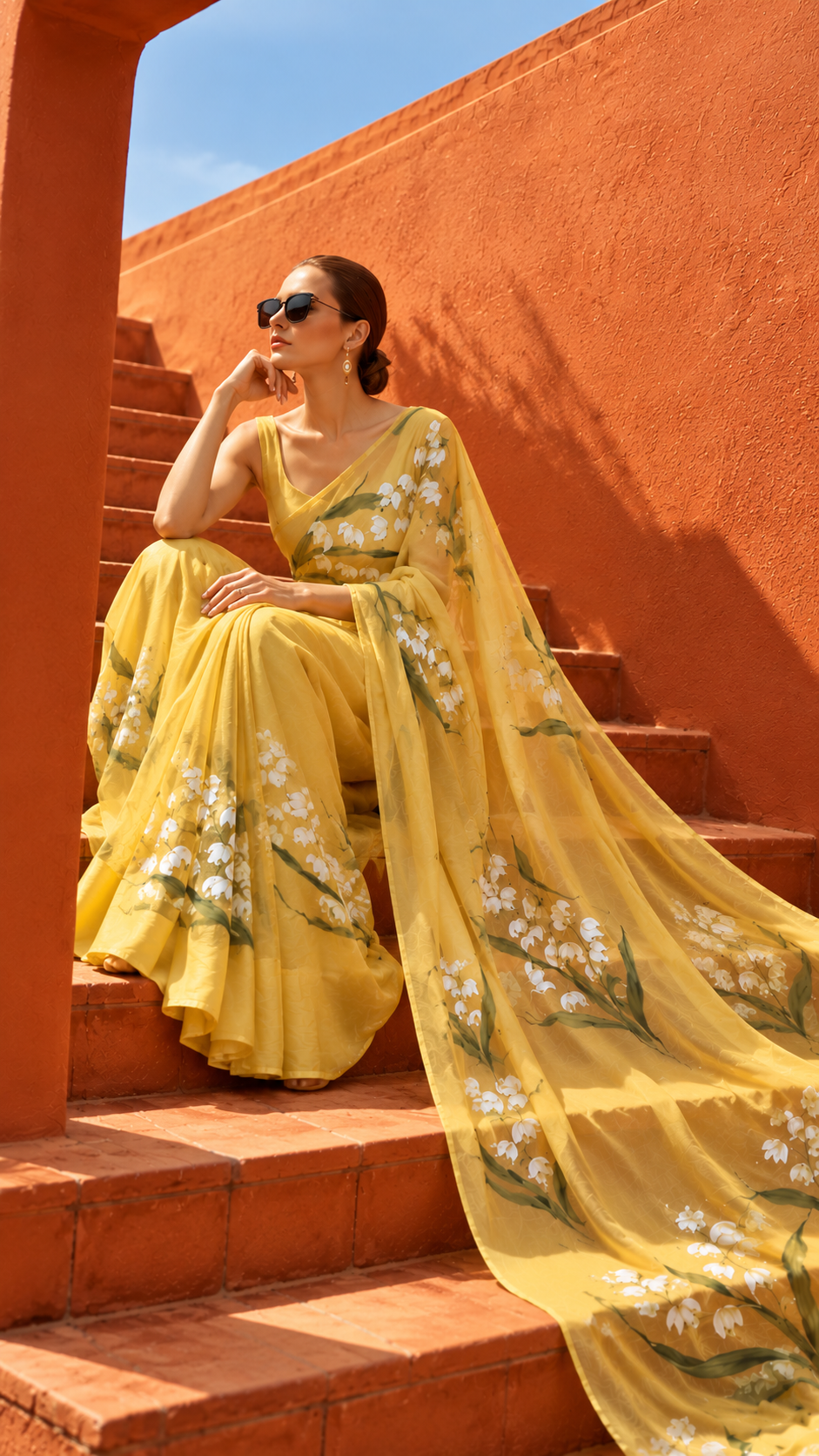 Bell Flower Hand-Painted Pure Silk Organza Saree