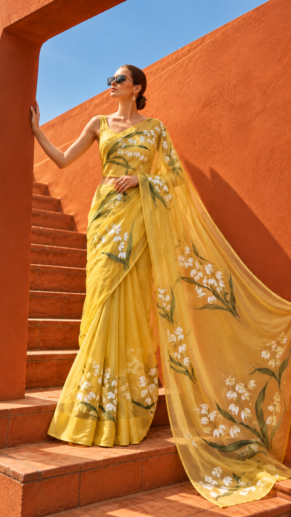 Bell Flower Hand-Painted Pure Silk Organza Saree