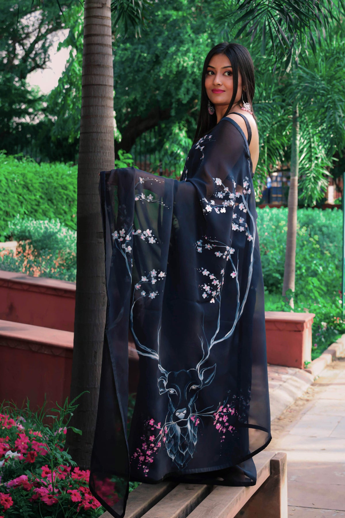 HAND PAINTED BLACK ORGANZA SAREE