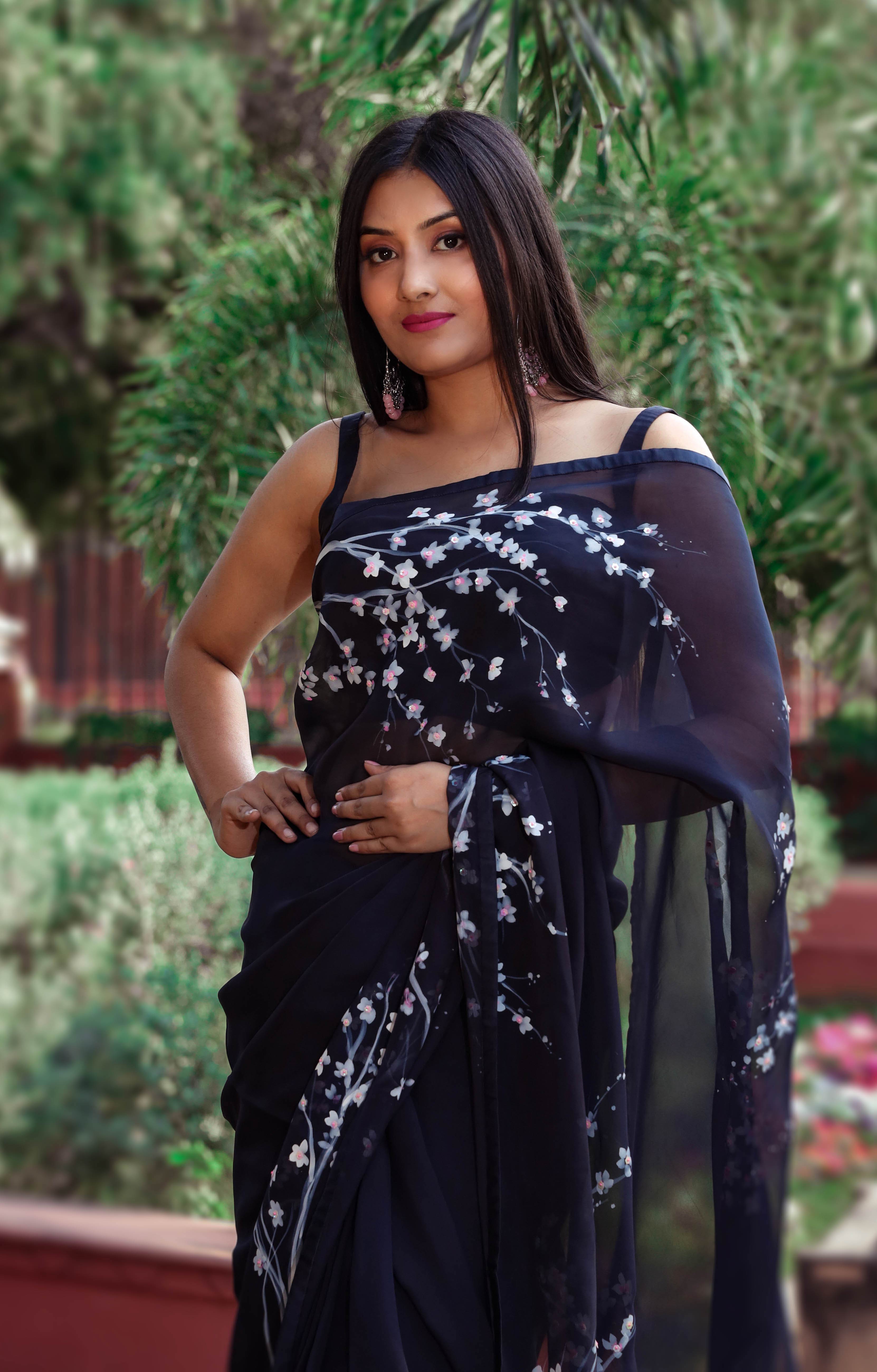 Elegant Black Satin Silk Saree for Party and Wedding | Saree designs, Party  wear indian dresses, Chiffon fabric