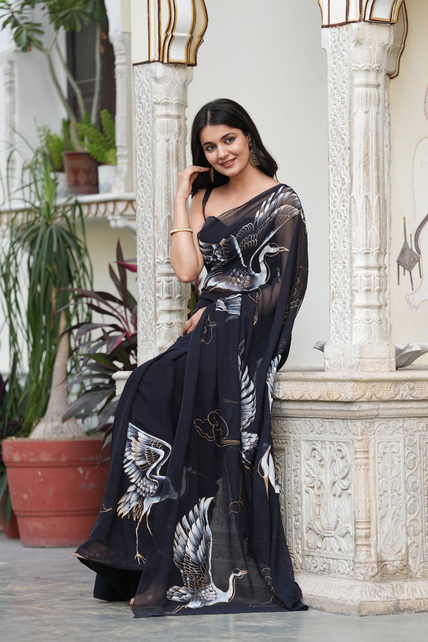 BLACK CELESTIAL CRANE SAREE