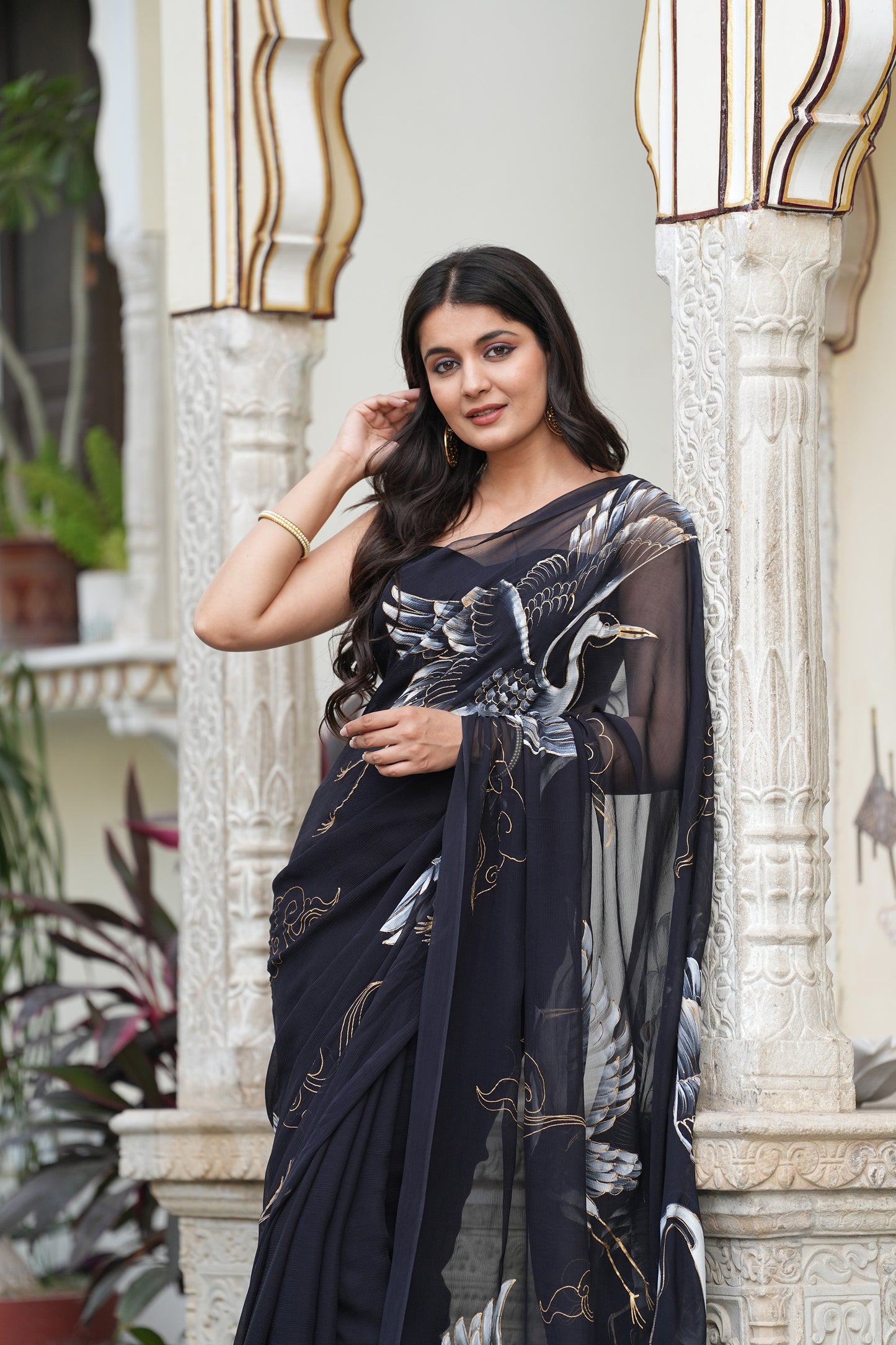 BLACK CELESTIAL CRANE SAREE