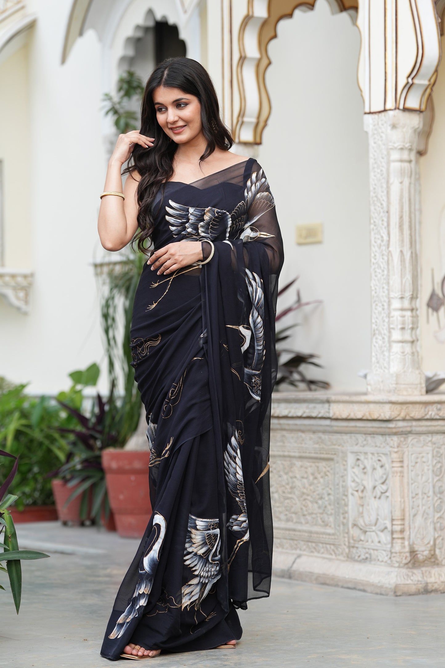 BLACK CELESTIAL CRANE SAREE