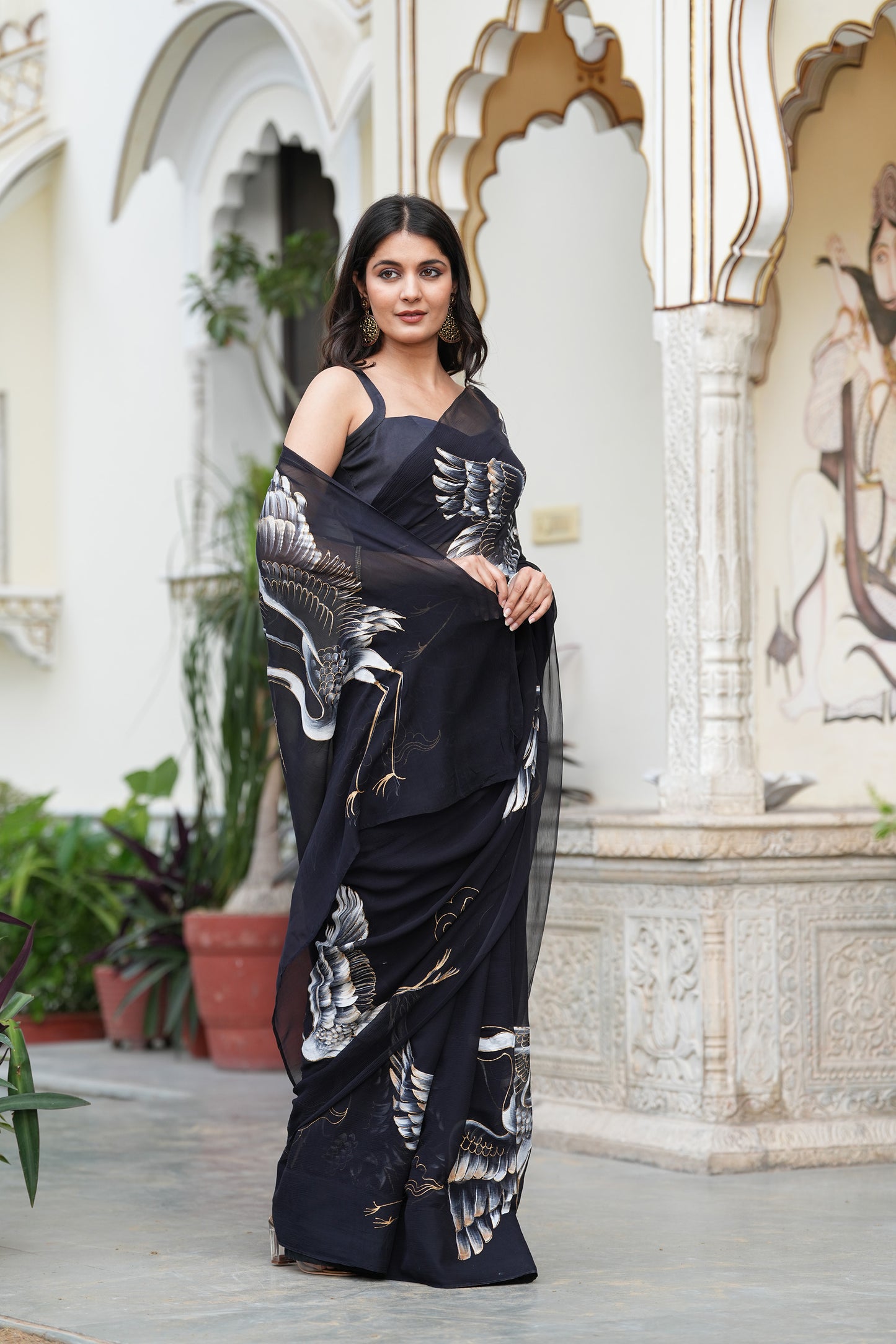 BLACK CELESTIAL CRANE SAREE