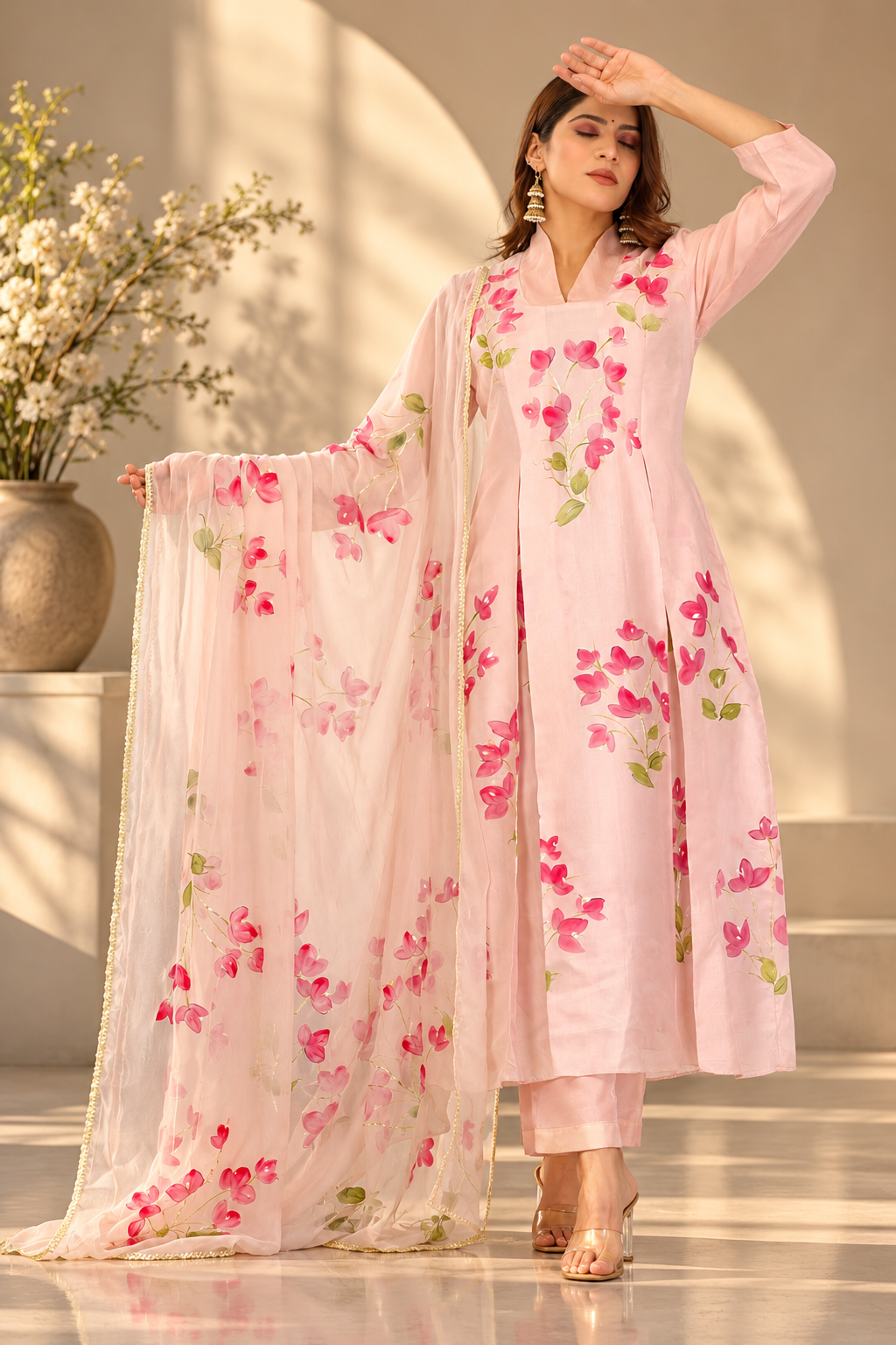 Bougainvillea Hand-Painted Silk Suit Set