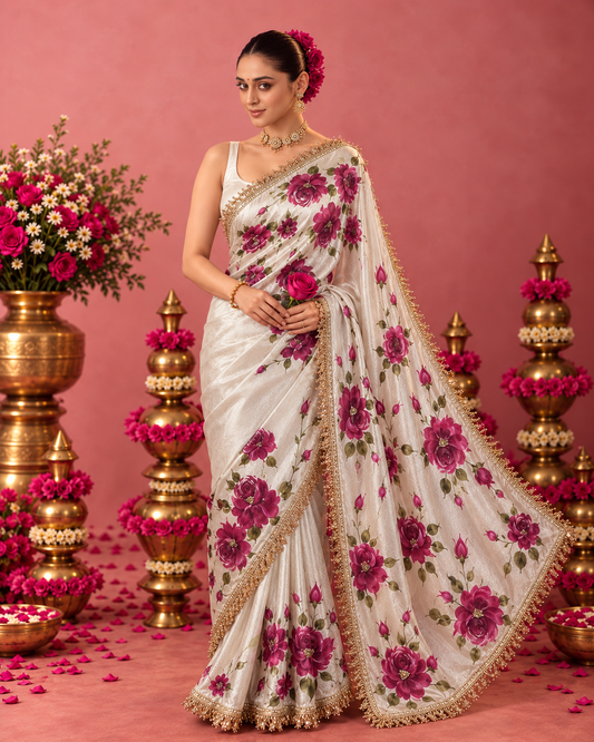 Wine Rose Hand-Painted Ivory Tissue Silk Saree
