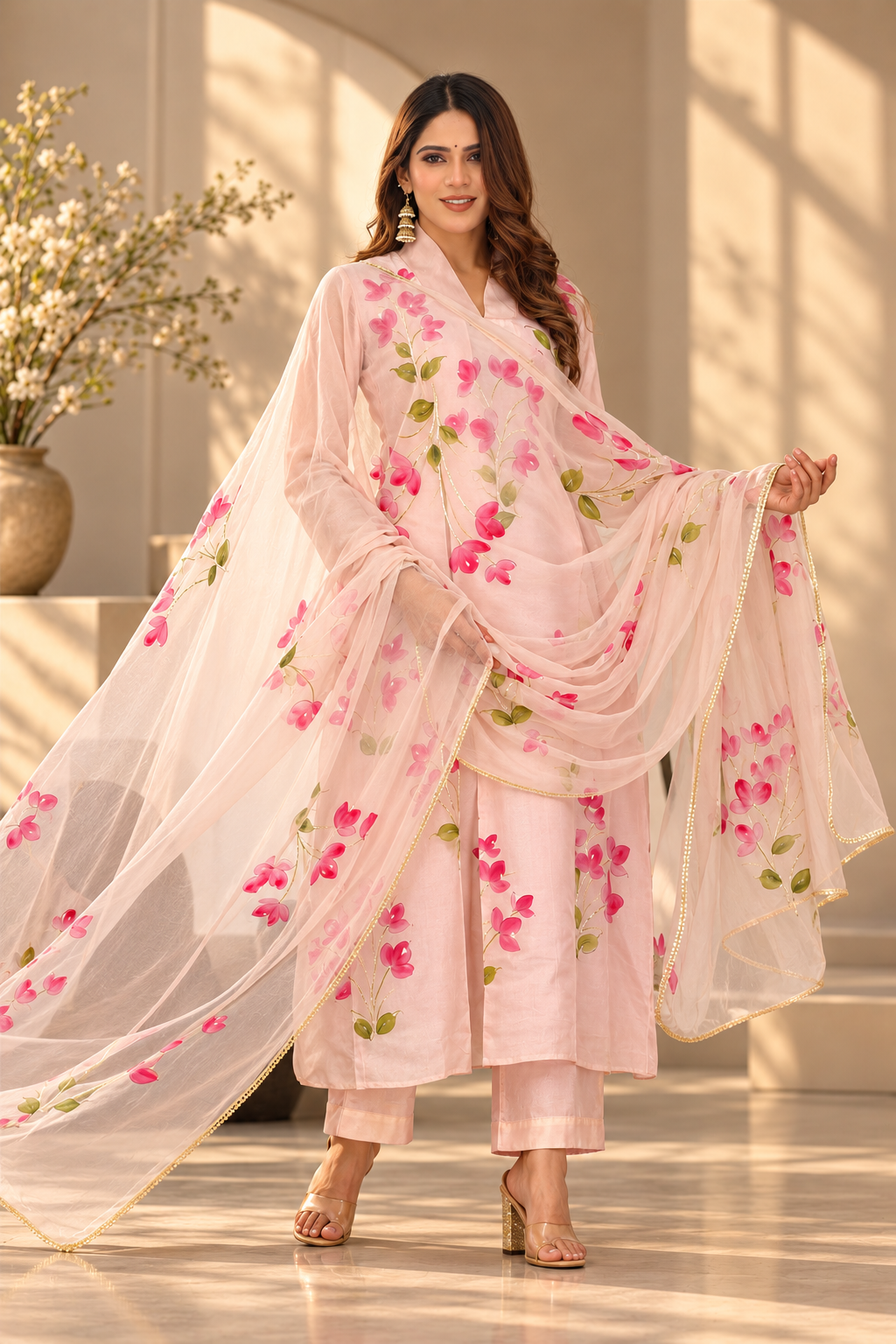 Bougainvillea Hand-Painted Silk Suit Set