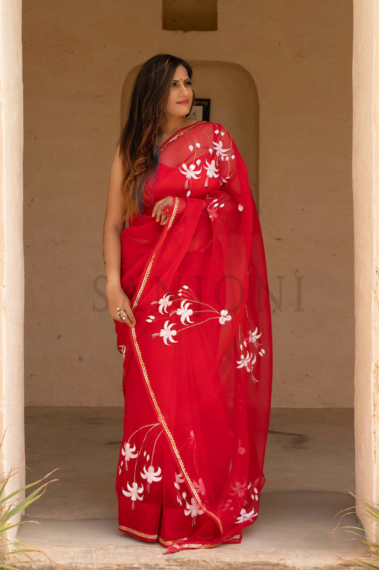 RED FUCHSIA FLOWER ORGANZA SAREE