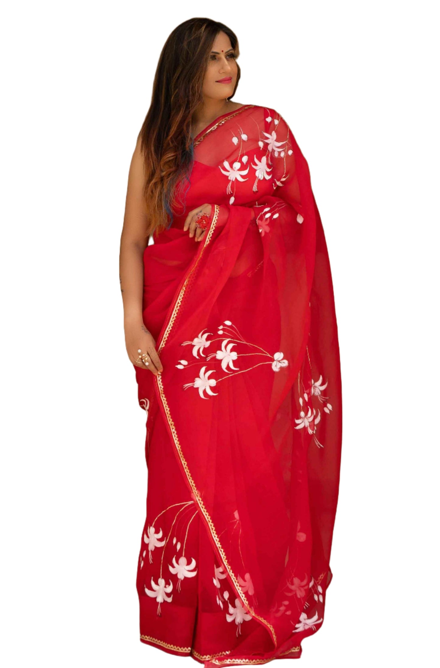 Hand-Painted Red Pure Silk Organza Saree with White Fuchsia Flowers and Metal Gota Embroidery - Perfect for Indian Weddings and Parties. Shop this Stunning Organza Saree Online for a Hot Saree Style. This Pure Silk Saree Features Exquisite Cloth Painting and Textile Paint for Fabric, Making it a Unique Hand-Painted Saree. Get the Saree Look You Desire with this Simple Saree Design. Explore Our Saree Shop for More Sadi Ka Design and Saree Options.