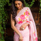 baby pink silk organza saree hand-painted pink roses , gota embroidery