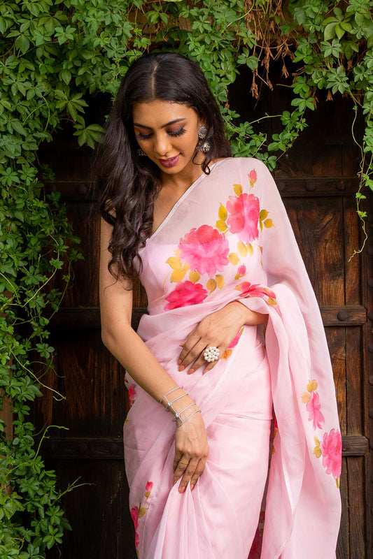 baby pink silk organza saree hand-painted pink roses , gota embroidery