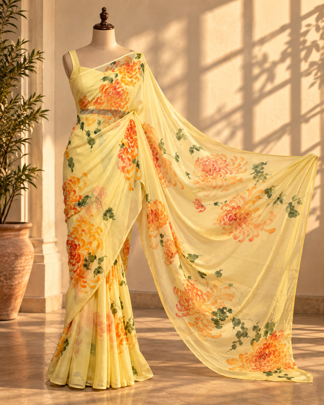 A yellow floral saree displayed on a mannequin in a sunlit indoor setting. The saree features a matching blouse and a flowing drape with large orange and peach flowers, green leaves, and a soft yellow base.