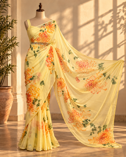 A yellow floral saree displayed on a mannequin in a sunlit indoor setting. The saree features a matching blouse and a flowing drape with large orange and peach flowers, green leaves, and a soft yellow base.