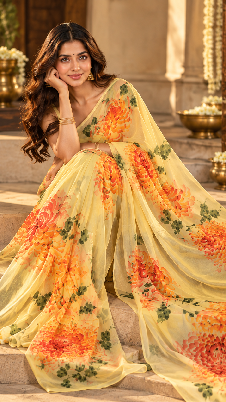 A woman wearing a yellow floral saree with orange and green flower prints, sitting on stone steps in an outdoor setting.