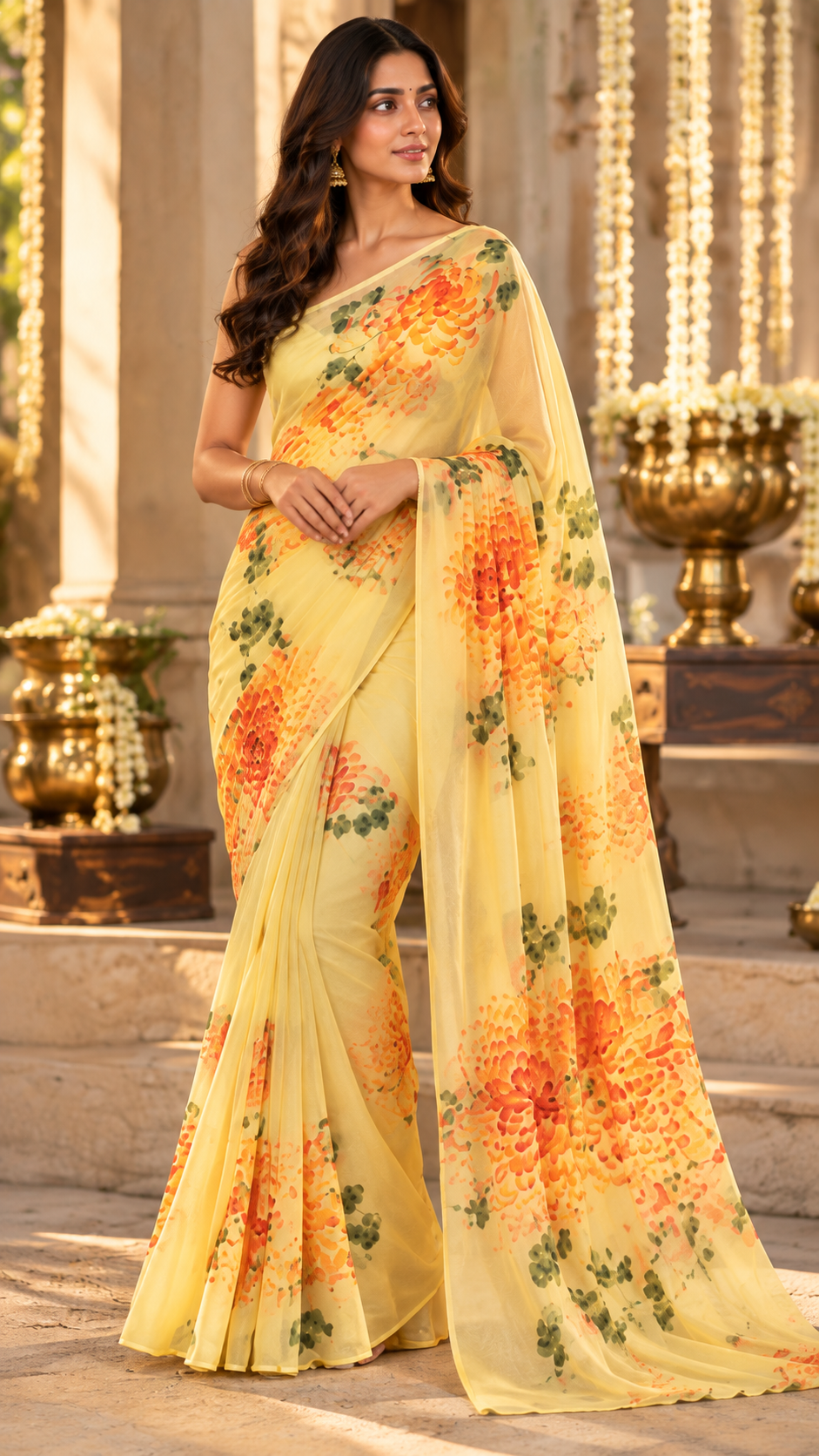 A woman wearing a yellow saree with orange and green floral patterns, standing in front of an ornate architectural background with gold-colored decorative elements.