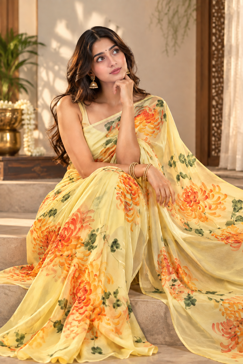 A woman wearing a yellow floral saree with orange and green flower prints, seated on stone steps in an indoor setting.