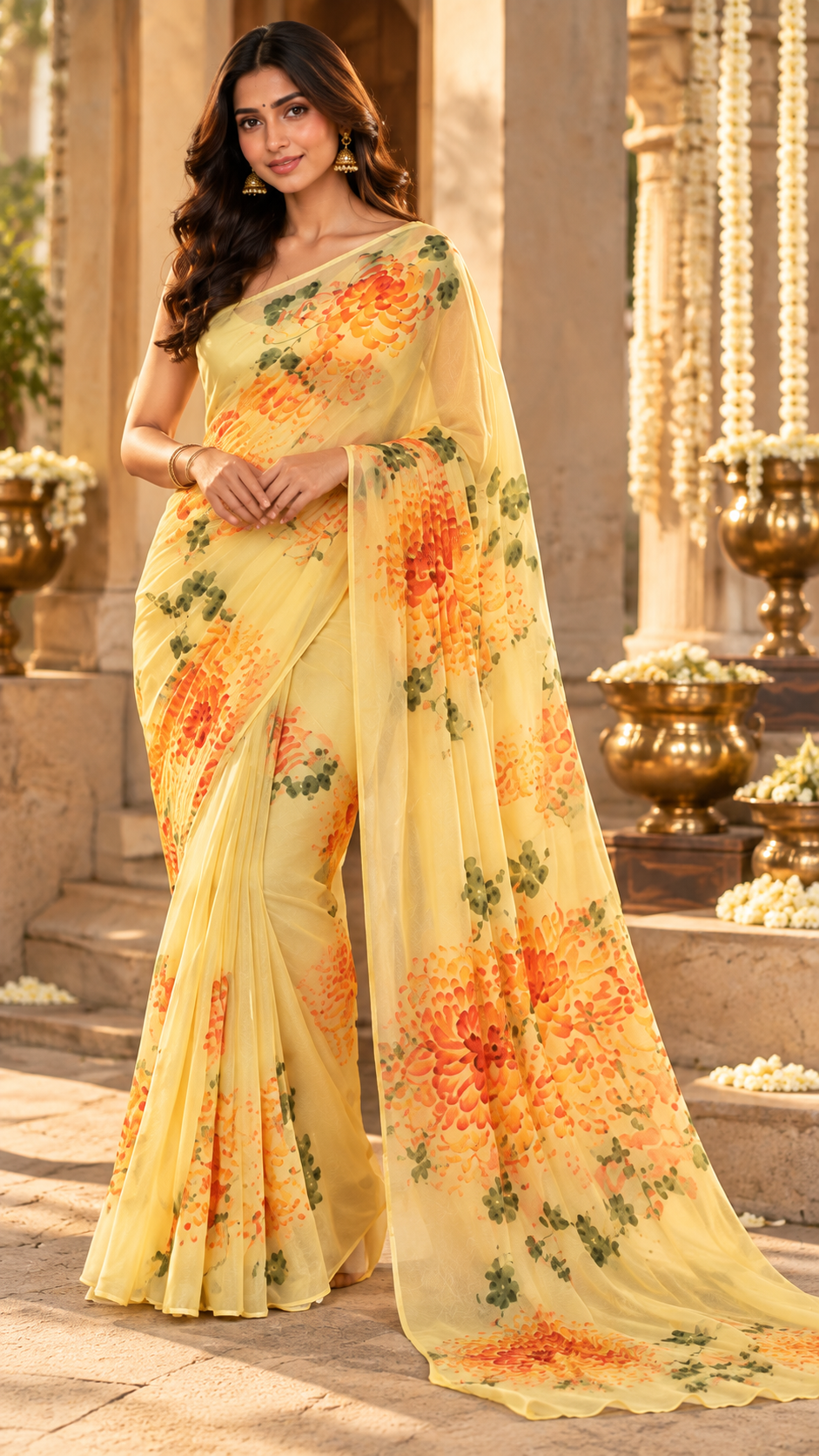 A woman models a yellow saree with a vibrant orange and green floral print in an outdoor architectural setting with stone steps and gold decorative urns.