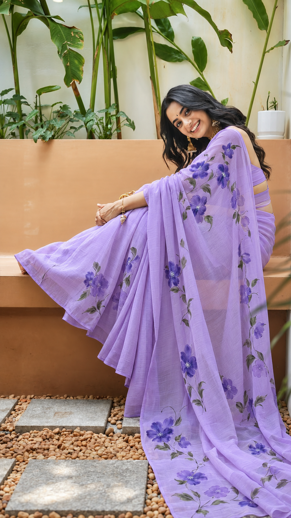 Lavender Hand-Painted Floral Chiffon Saree with Modal Silk Blouse