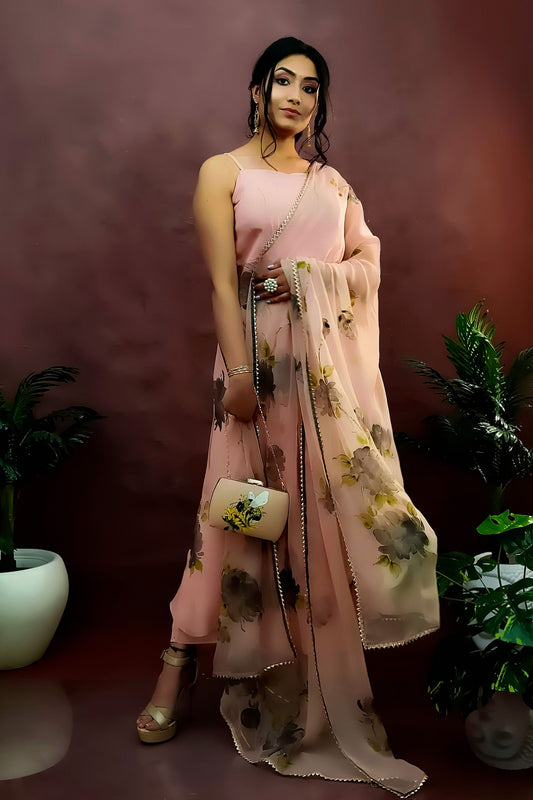 HAND PAINTED BEIGE ANARKALI SUIT