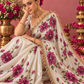 Wine Rose Hand-Painted Ivory Tissue Silk Saree