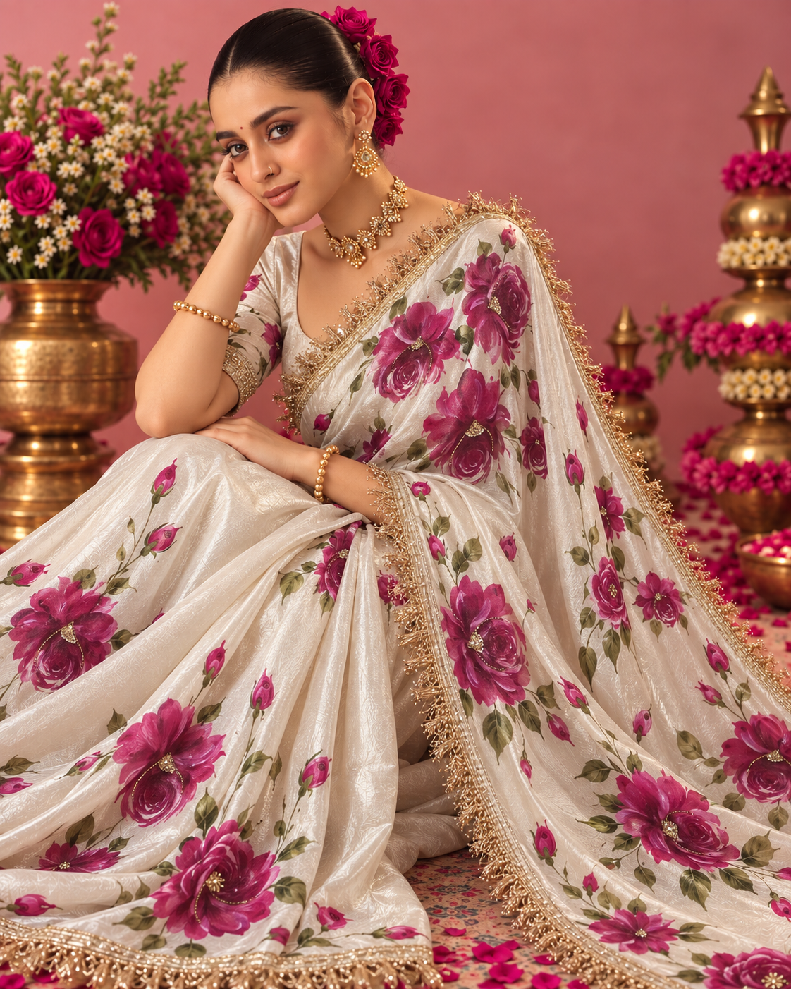 Wine Rose Hand-Painted Ivory Tissue Silk Saree