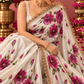 Wine Rose Hand-Painted Ivory Tissue Silk Saree