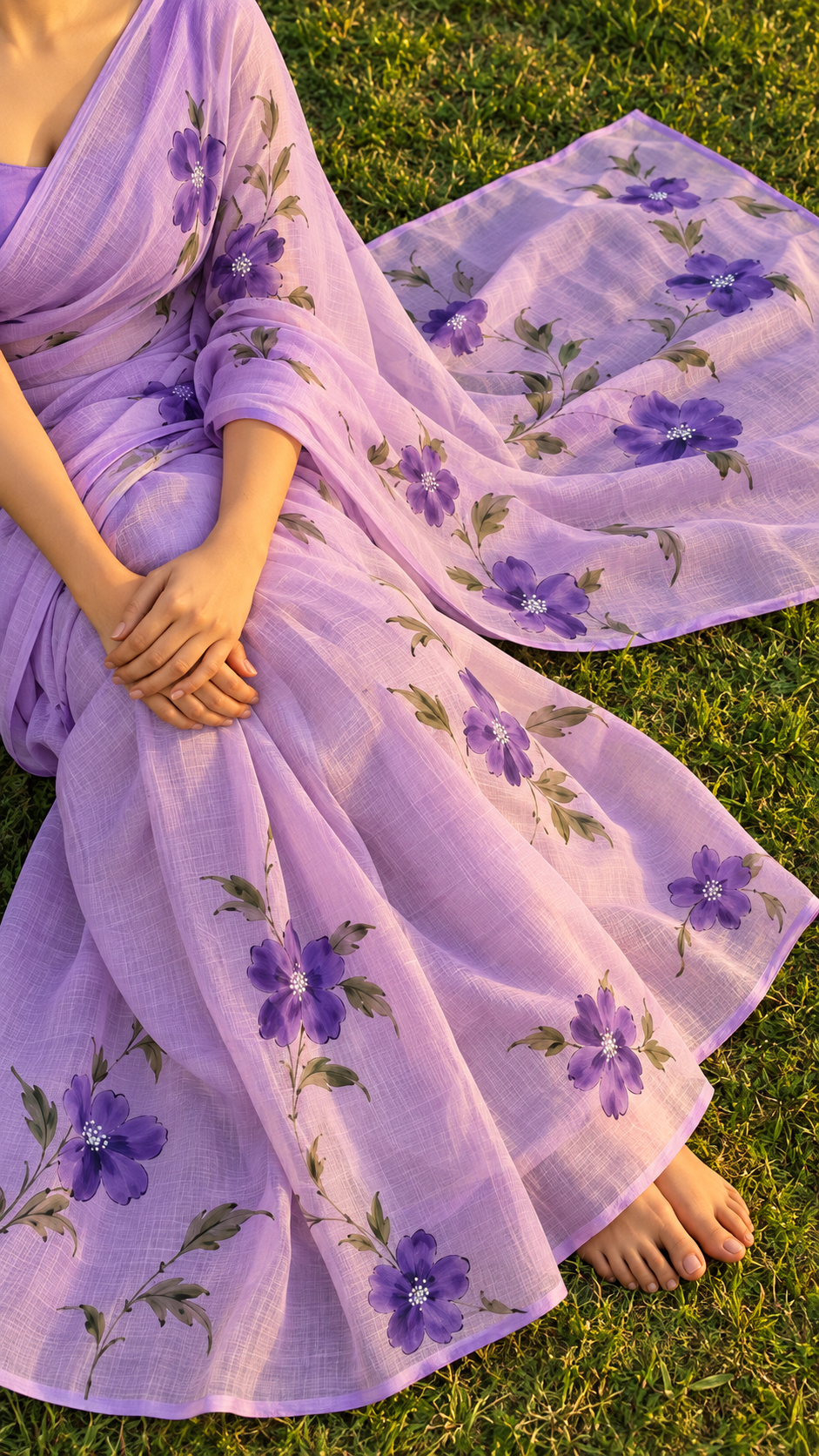 Lavender Hand-Painted Floral Chiffon Saree with Modal Silk Blouse