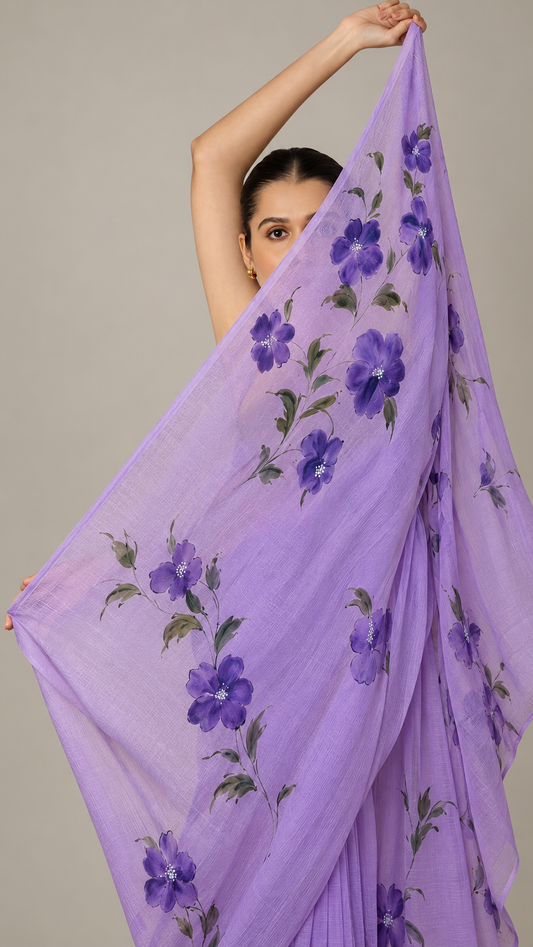 Lavender Hand-Painted Floral Chiffon Saree with Modal Silk Blouse