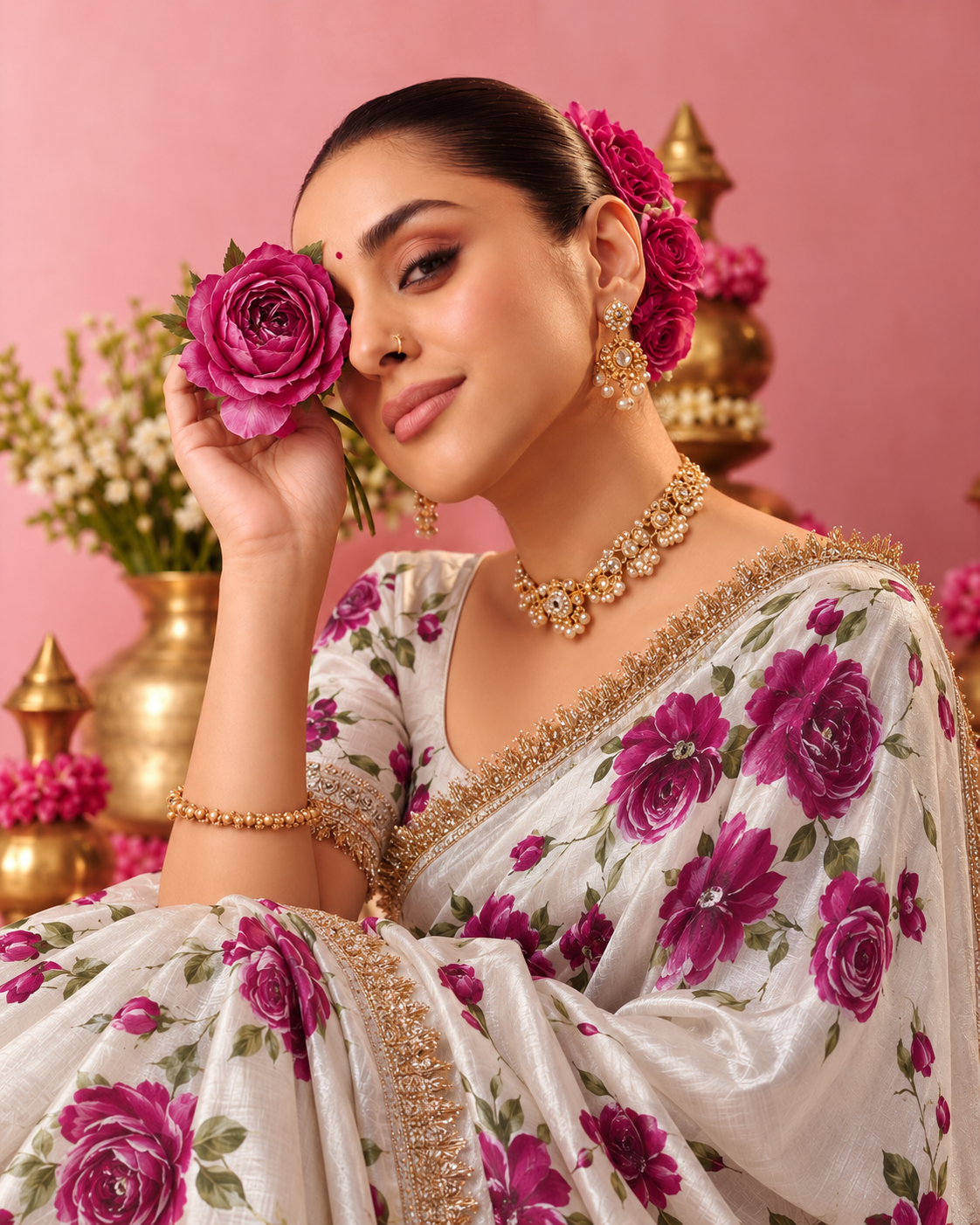Wine Rose Hand-Painted Ivory Tissue Silk Saree