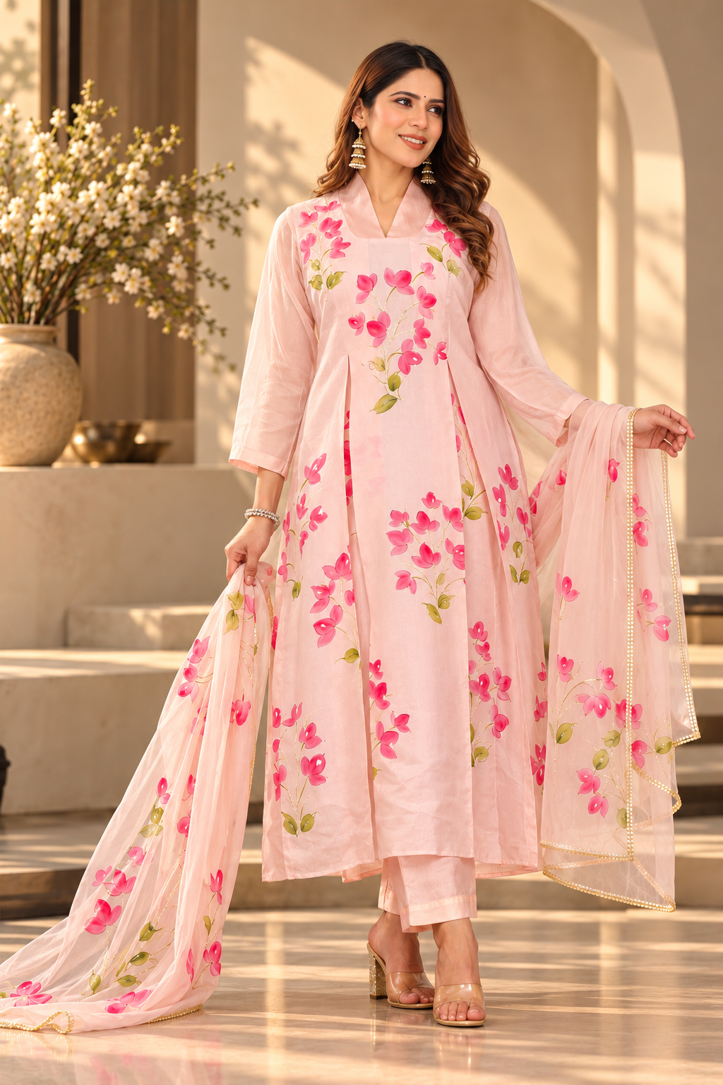 Bougainvillea Hand-Painted Silk Suit Set