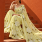 White Rose Hand-Painted Lime Yellow Organza Saree