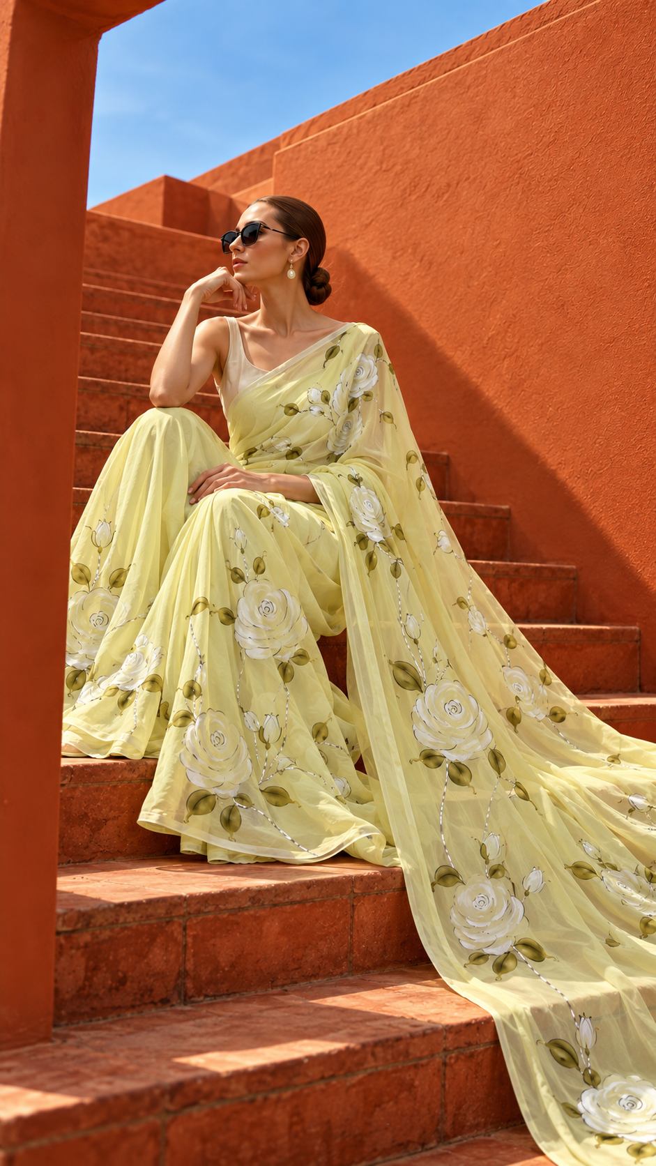 White Rose Hand-Painted Lime Yellow Organza Saree