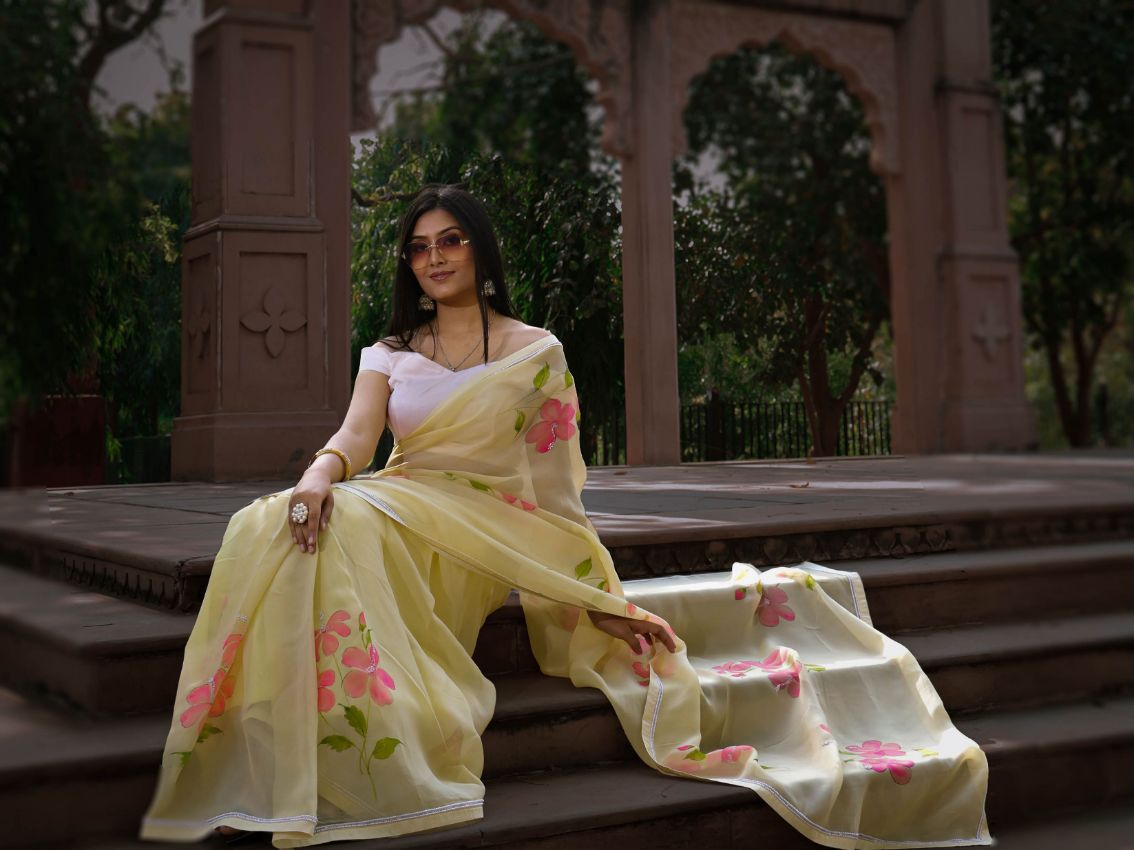Ivory Pure Organza Floral Handpainted Saree | Saree painting designs, Saree  painting, Hand painted dress