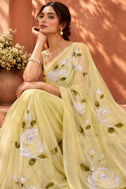 White Rose Hand-Painted Lime Yellow Organza Saree