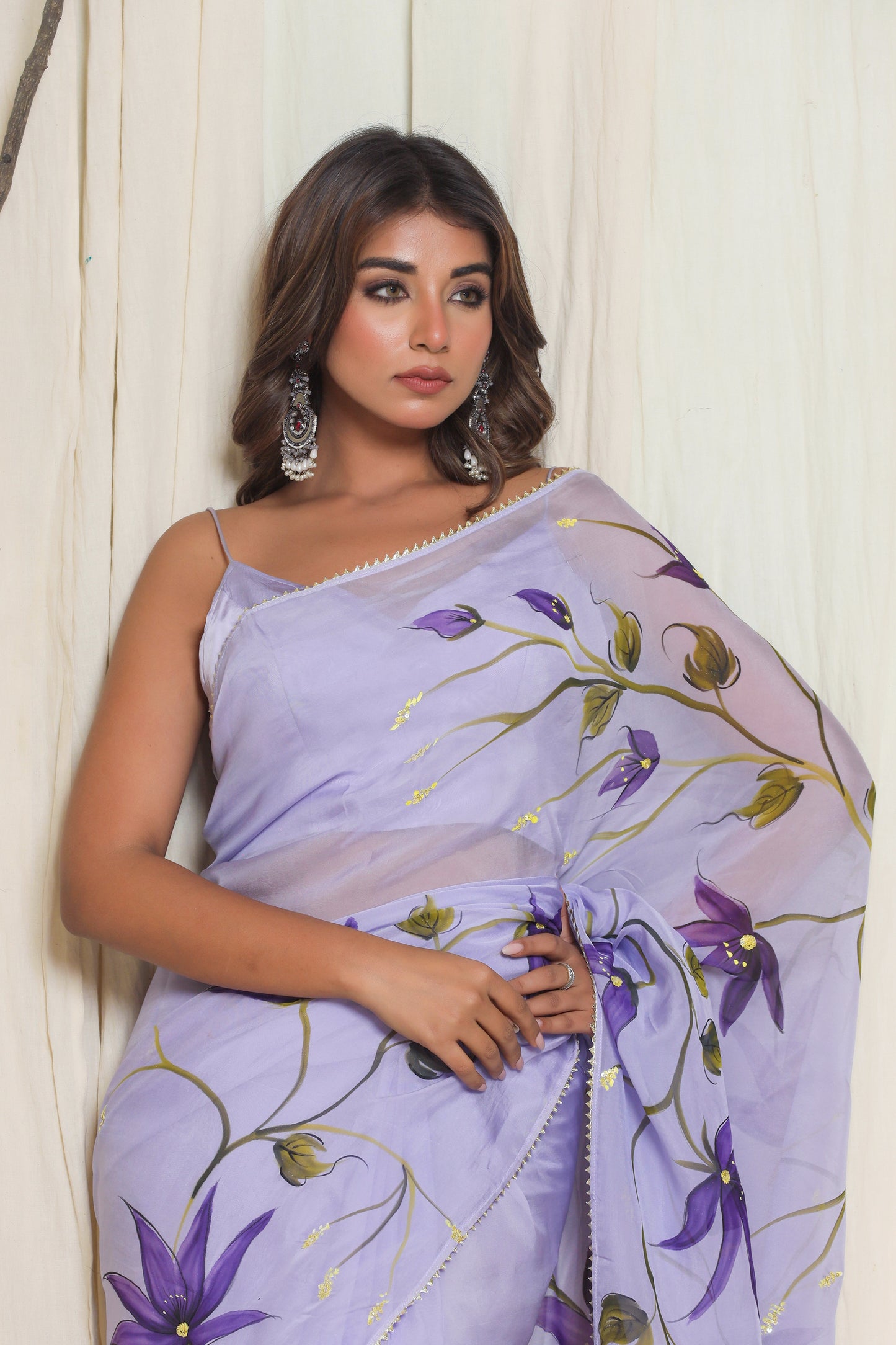 PURPLE STAR FLOWER ORGANZA SAREE