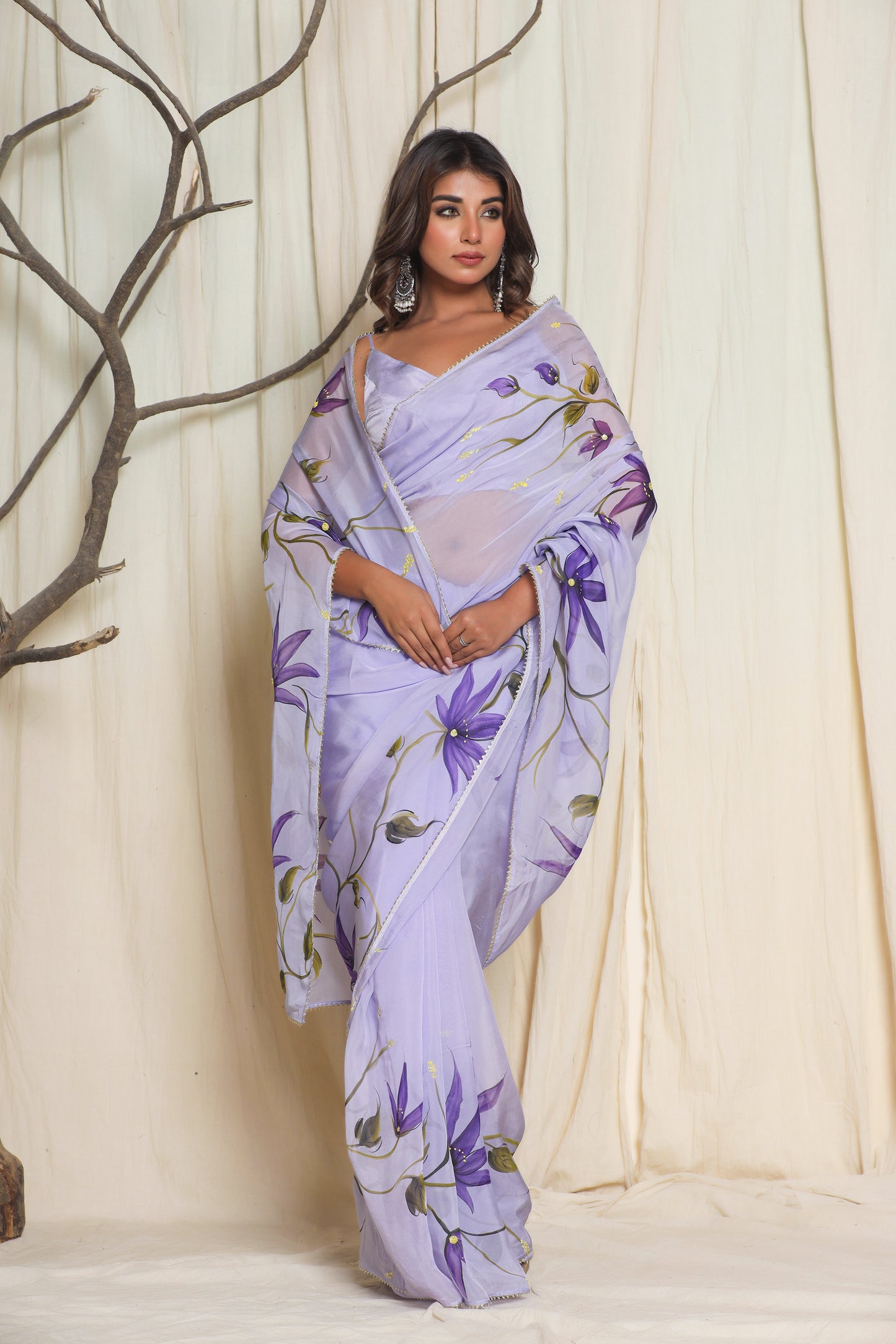 PURPLE STAR FLOWER ORGANZA SAREE