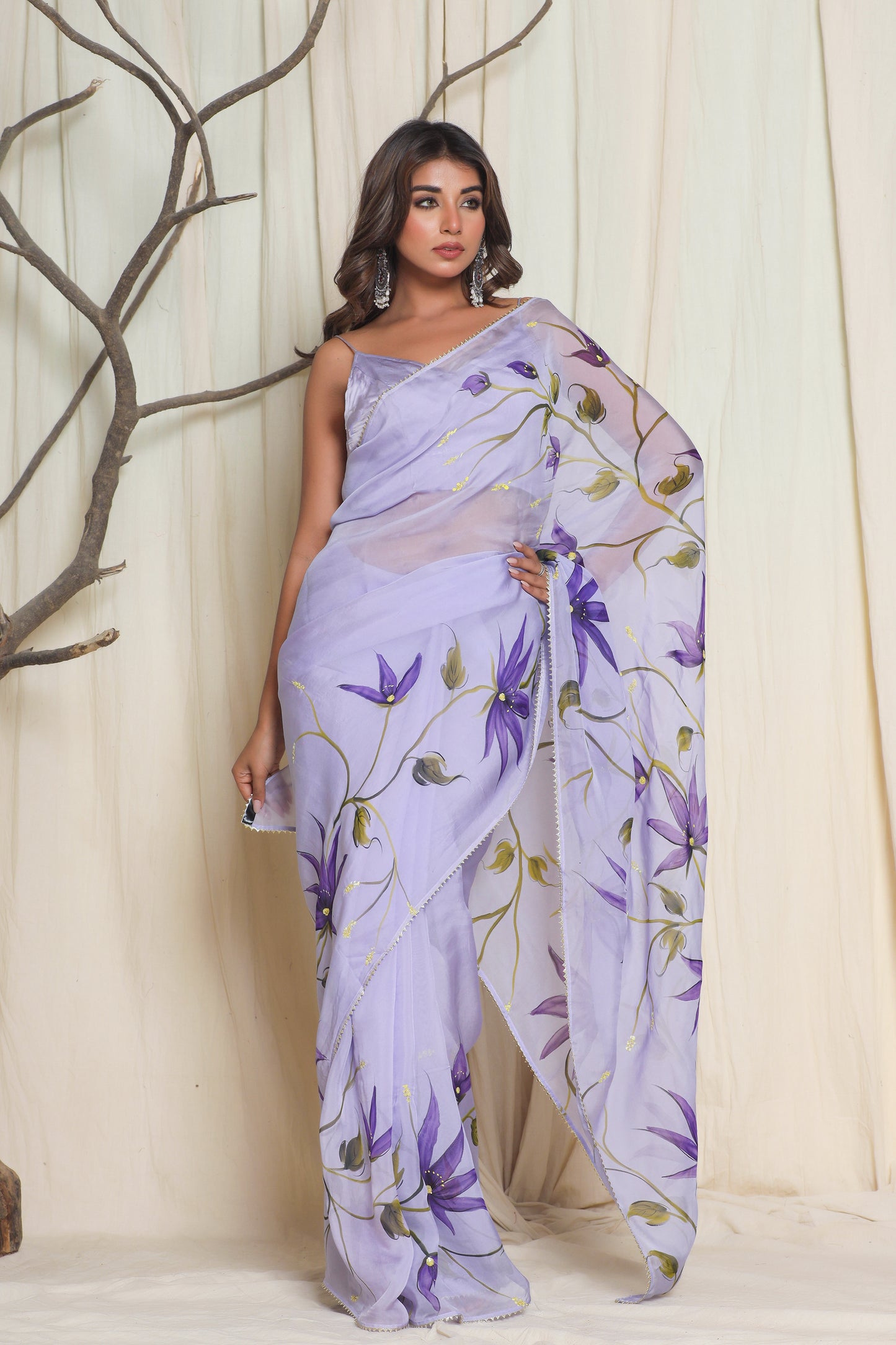 PURPLE STAR FLOWER ORGANZA SAREE