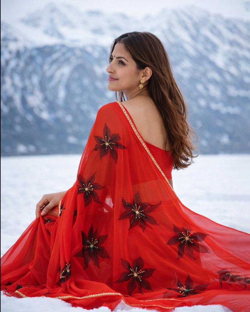 Woman in a red saree with floral patterns standing in a snowy landscape.