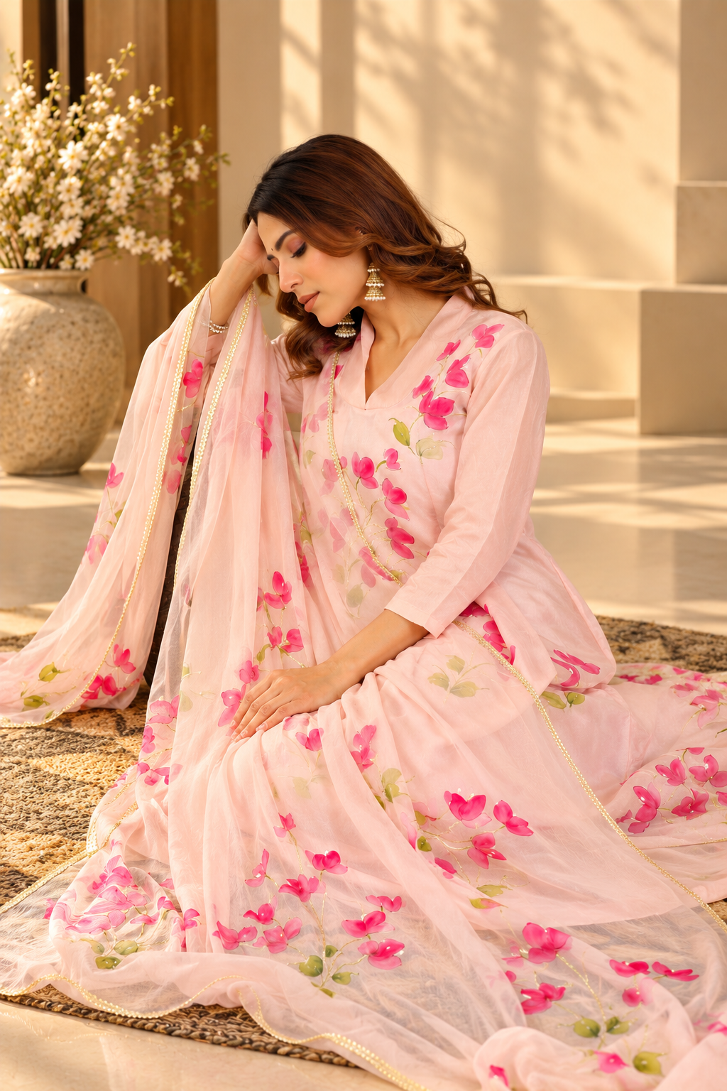 Bougainvillea Hand-Painted Silk Suit Set