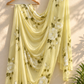 White Rose Hand-Painted Lime Yellow Organza Saree