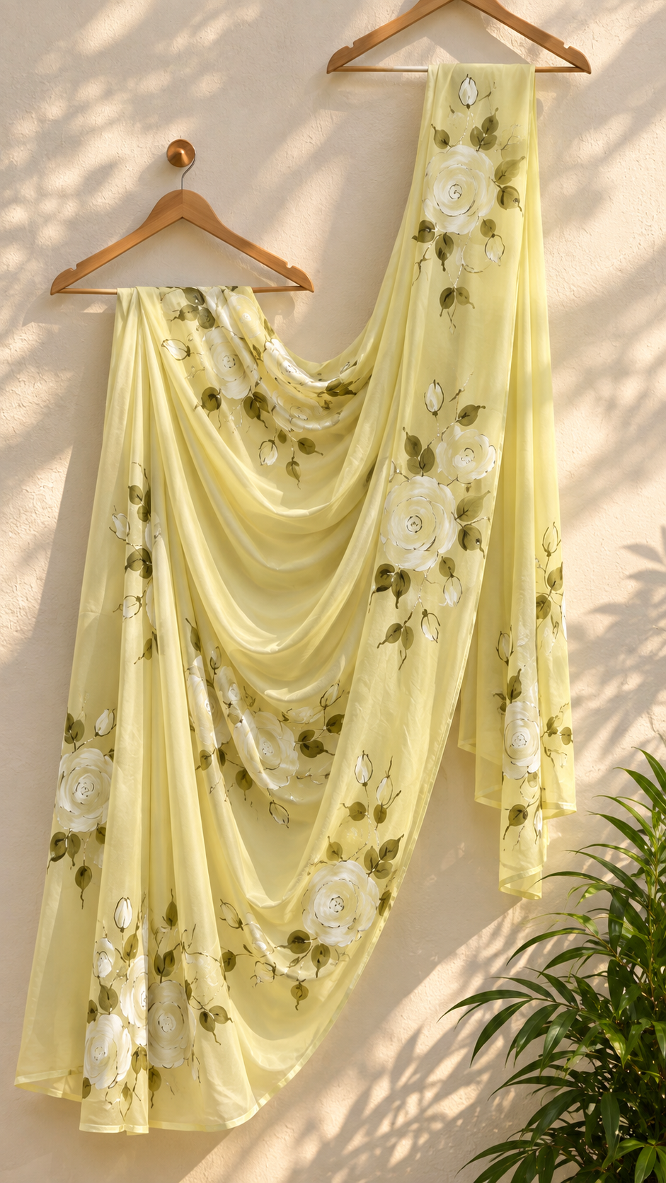 White Rose Hand-Painted Lime Yellow Organza Saree