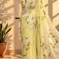 White Rose Hand-Painted Lime Yellow Organza Saree