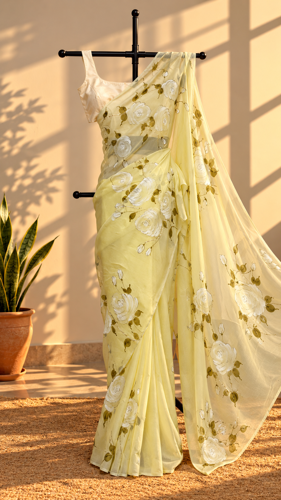 White Rose Hand-Painted Lime Yellow Organza Saree