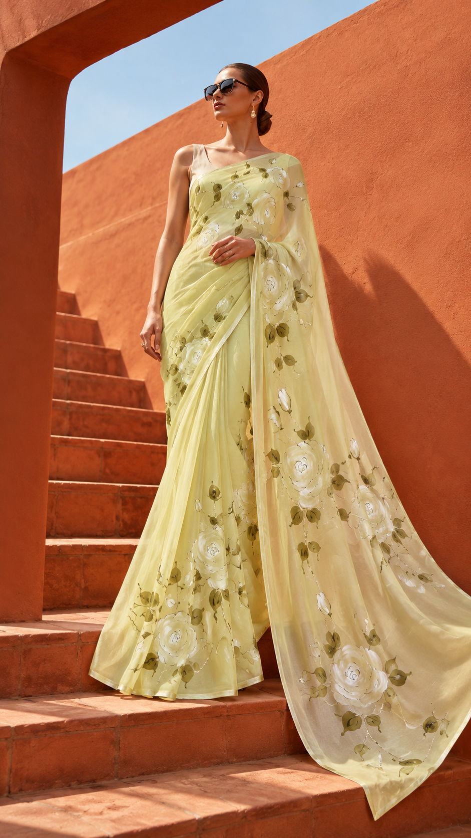 White Rose Hand-Painted Lime Yellow Organza Saree