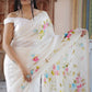 Off-White Organza Saree with Hand-Painted Multi-Color Flowers and Sequin Embroidery - Perfect for a Party, Farewell, or Any Occasion - Latest Saree Blouse Designs - Organza Saree Party Wear - Floral Organza Saree - Easy Hand-Painted Saree Design - Hand Painting on Saree - Elegant Hand-Painted Saree Look