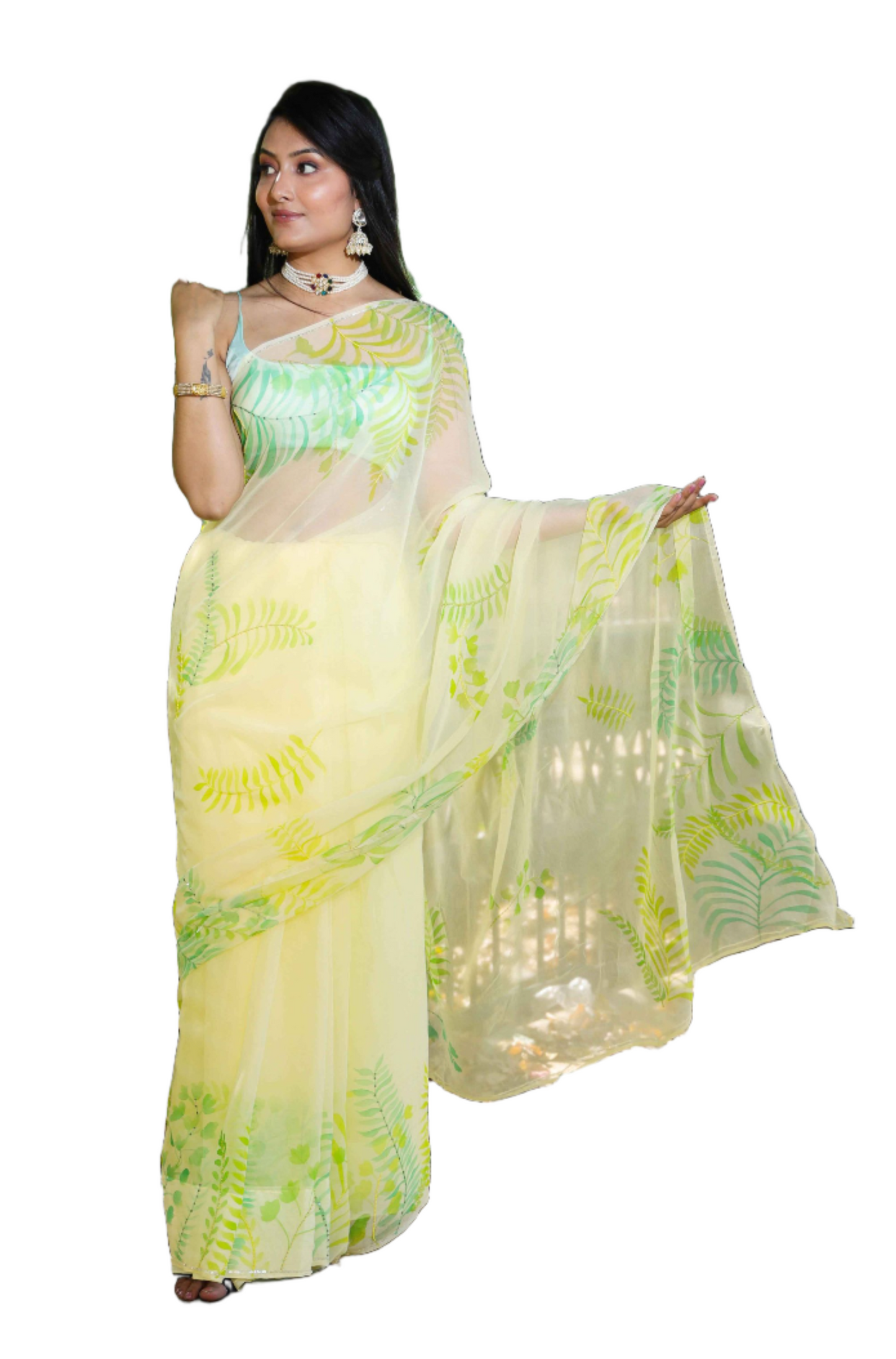 HAND PAINTED GREEN FERNS YELLOW SAREE