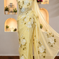 White Rose Hand-Painted Lime Yellow Organza Saree
