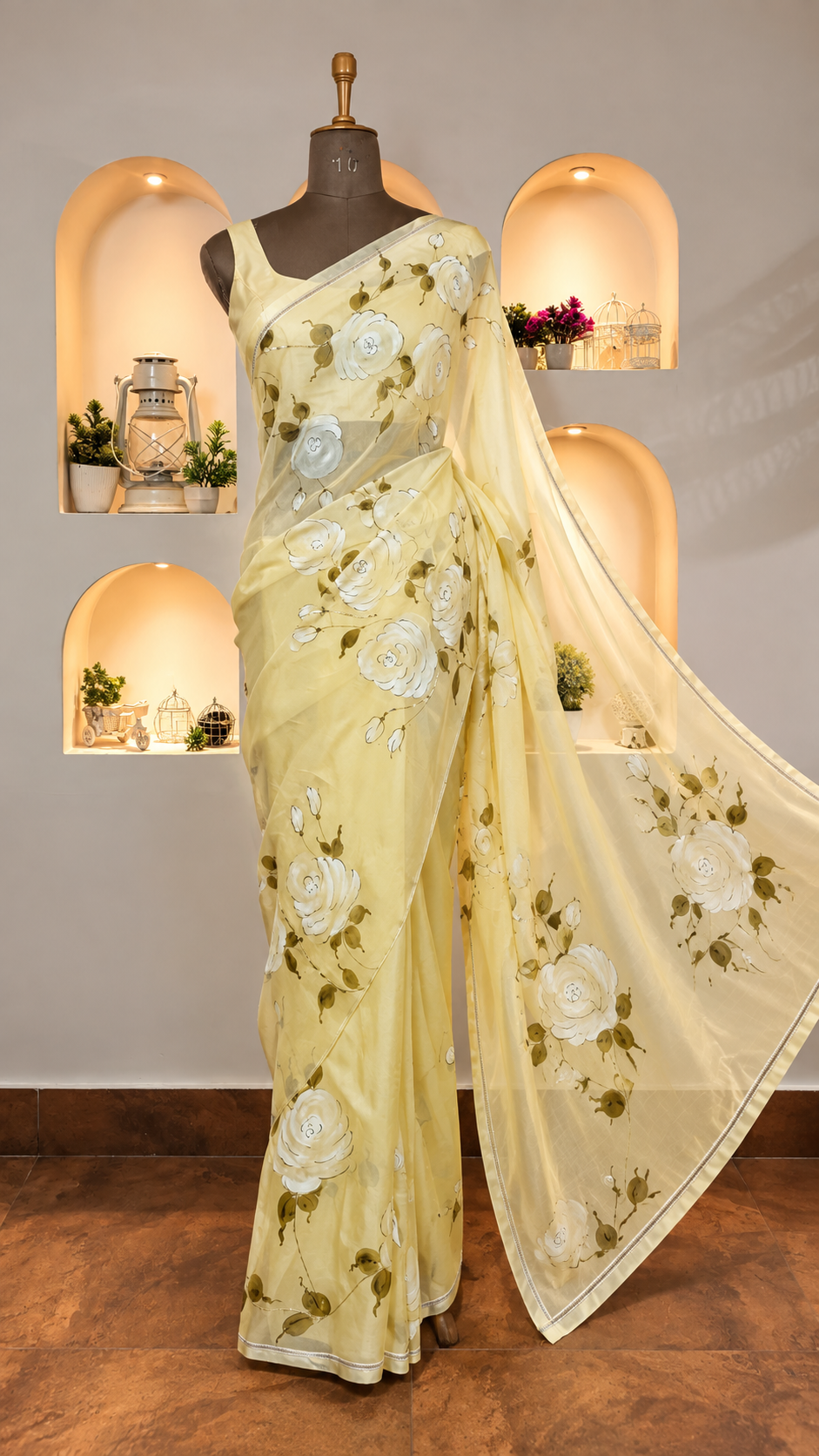 White Rose Hand-Painted Lime Yellow Organza Saree